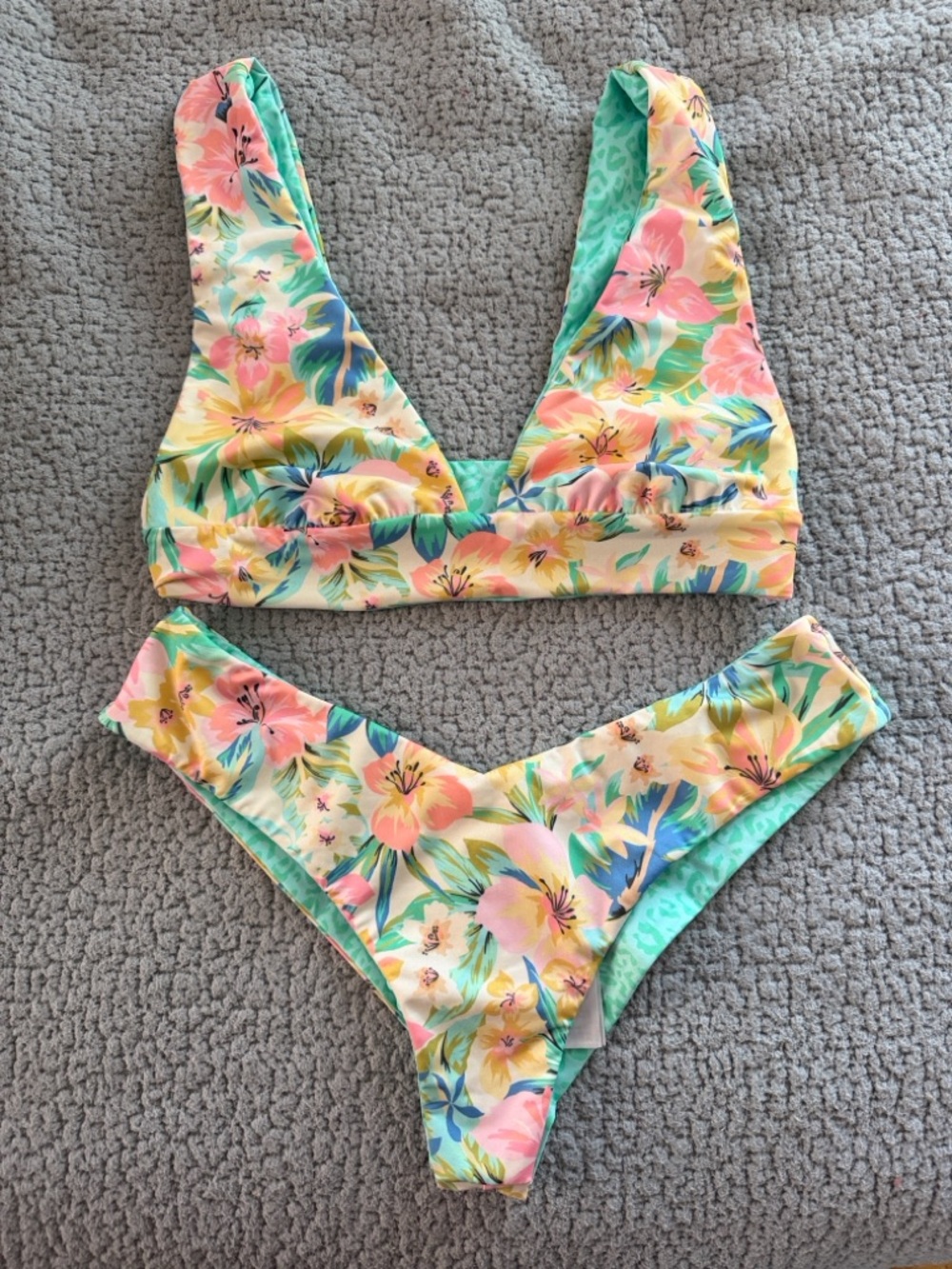 Billabong Mint & Pastel Cheetah/Floral Reversible Bikini Set
